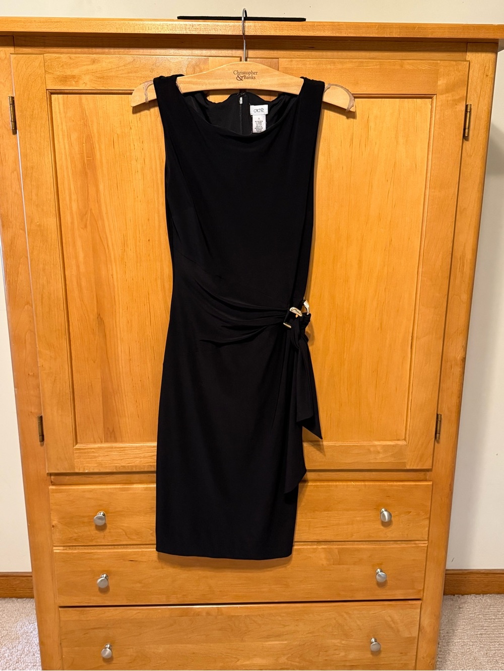 Cache Black Sleeveless Midi Dress with Side Drape and Ring Detail